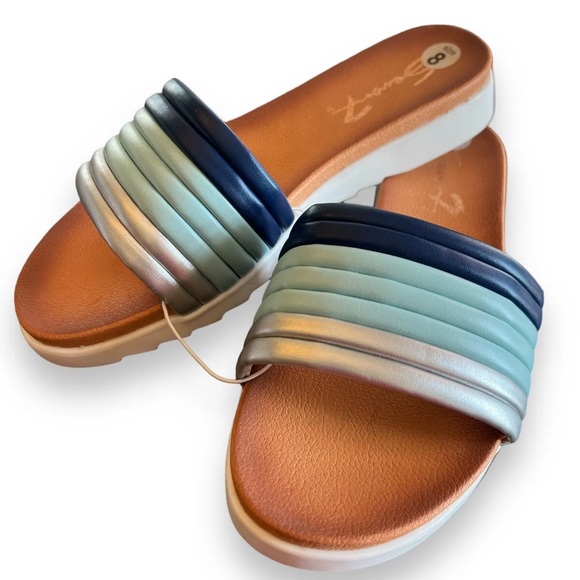 BRAND NEW ~SEVEN 7~Women's BLUE SILVER ~PEARLY COMFORT SLIDES SANDALS~SIZE 8 - Picture 1 of 5